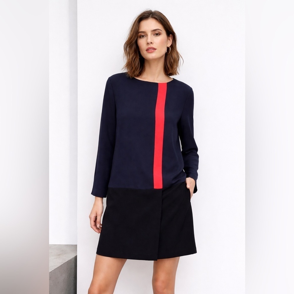 Zara Colorblock Sheath Dress Womens Sz S MOD Retro 60s Navy Blue Orange Black